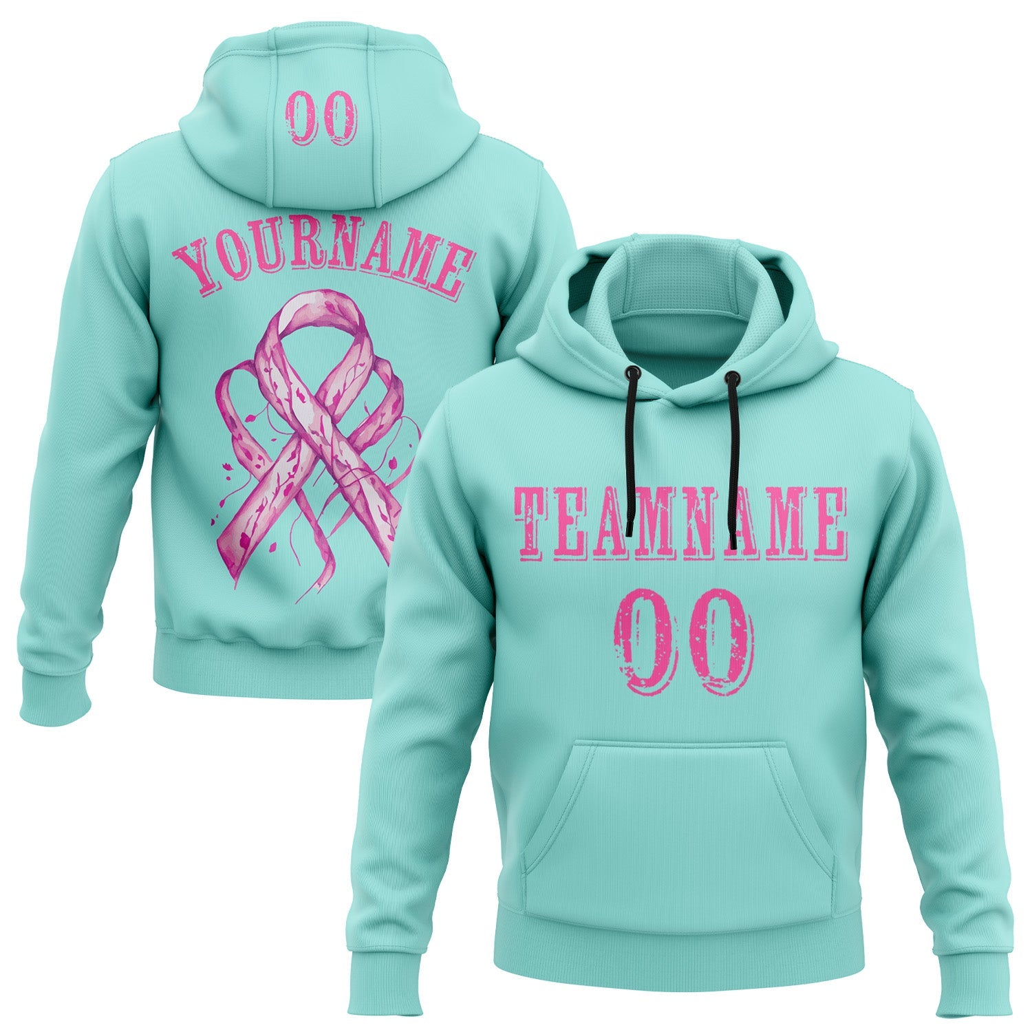Custom Ice Blue Pink 3D Pink Ribbon Breast Cancer Awareness Women Health Care Support Sports Pullover Sweatshirt Hoodie