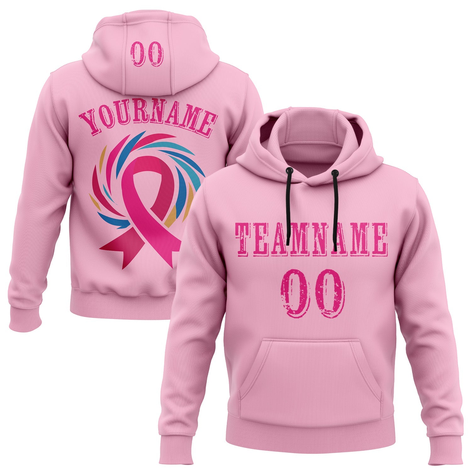 Custom Light Pink Hot Pink 3D Pink Ribbon Breast Cancer Awareness Women Health Care Support Sports Pullover Sweatshirt Hoodie