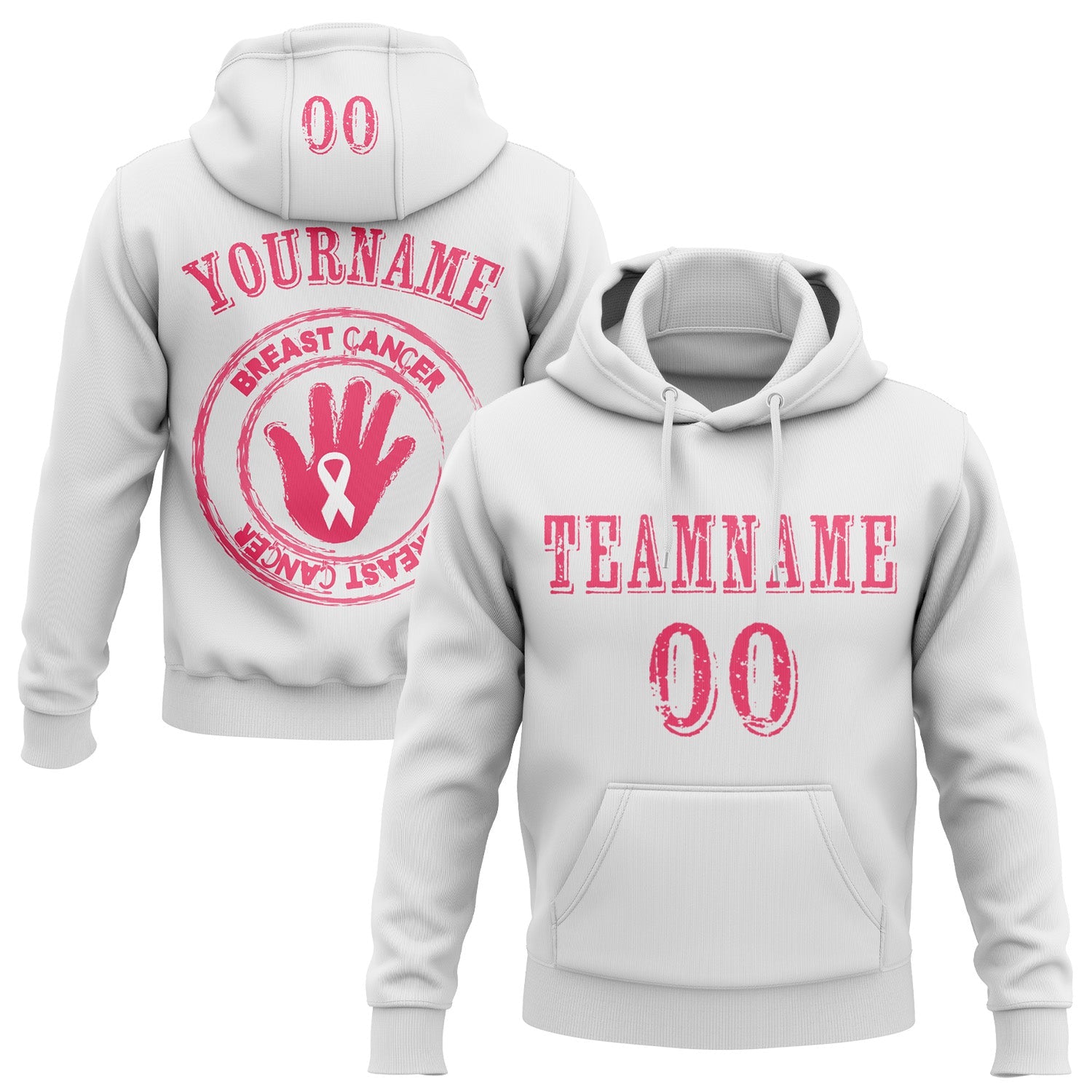 Custom White Neon Pink 3D Pink Ribbon Breast Cancer Awareness Women Health Care Support Sports Pullover Sweatshirt Hoodie