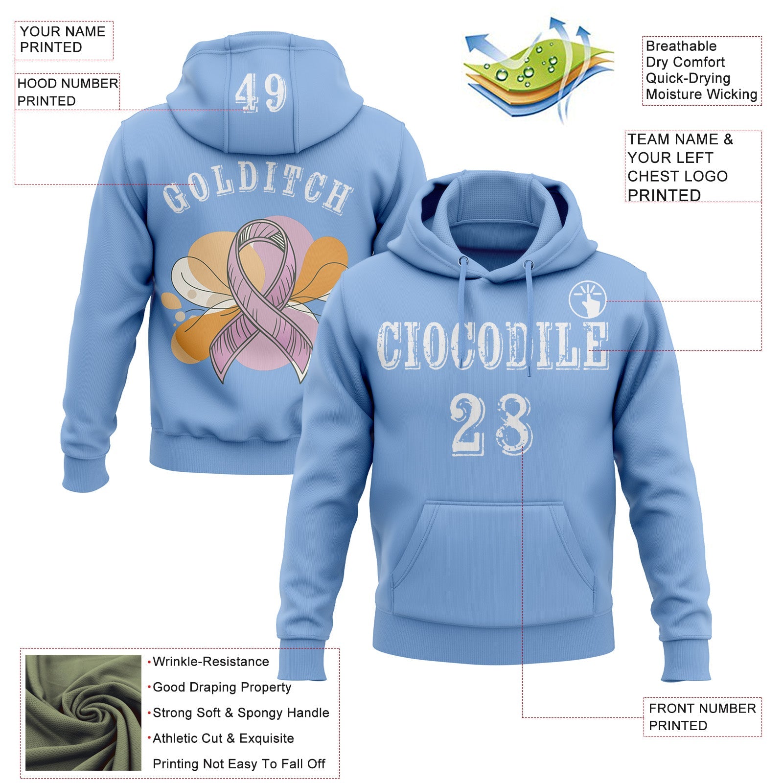 Custom Light Blue White 3D Pink Ribbon Breast Cancer Awareness Women Health Care Support Sports Pullover Sweatshirt Hoodie