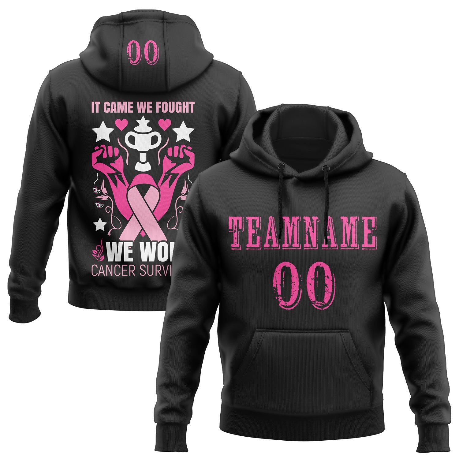Custom Black Pink-White 3D Pink Ribbon Breast Cancer Awareness Women Health Care Support Sports Pullover Sweatshirt Hoodie