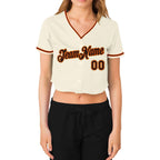 Custom Women's Cream Black Orange-Old Gold V-Neck Cropped Baseball Jersey