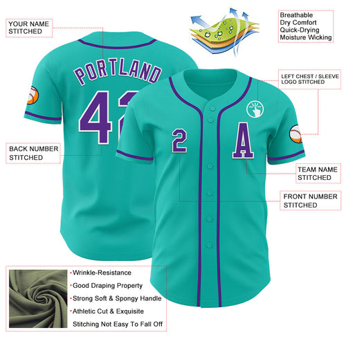 Custom Aqua Purple-White Authentic Baseball Jersey