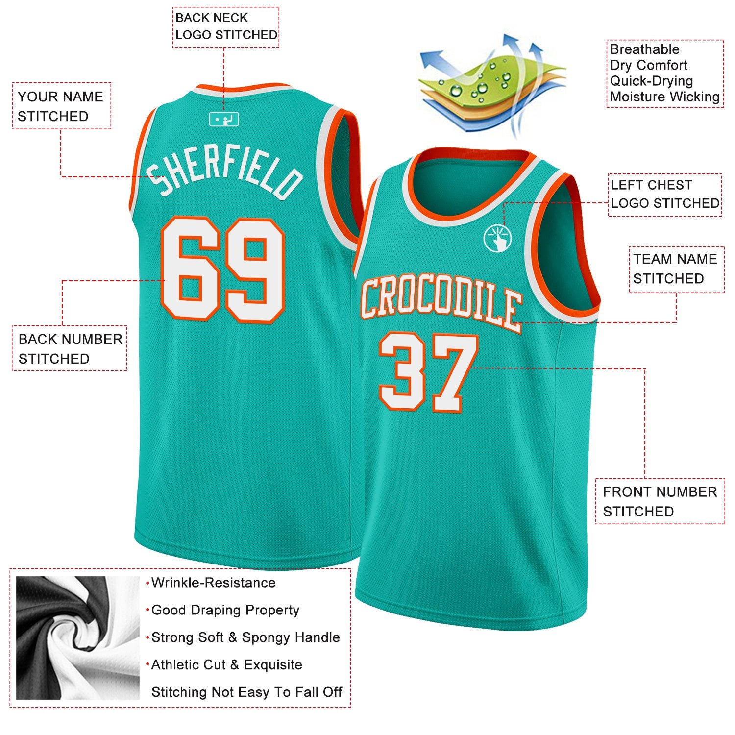 Custom Aqua White-Orange Authentic Basketball Jersey