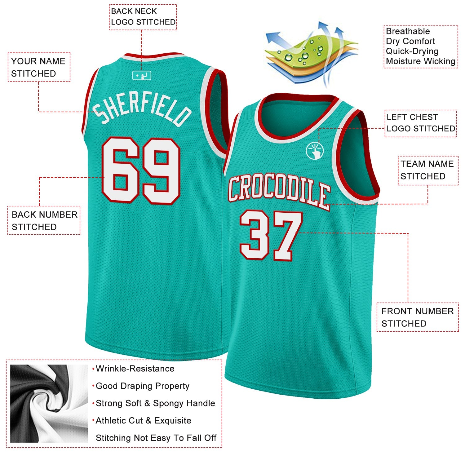 Custom Aqua White-Red Authentic Basketball Jersey