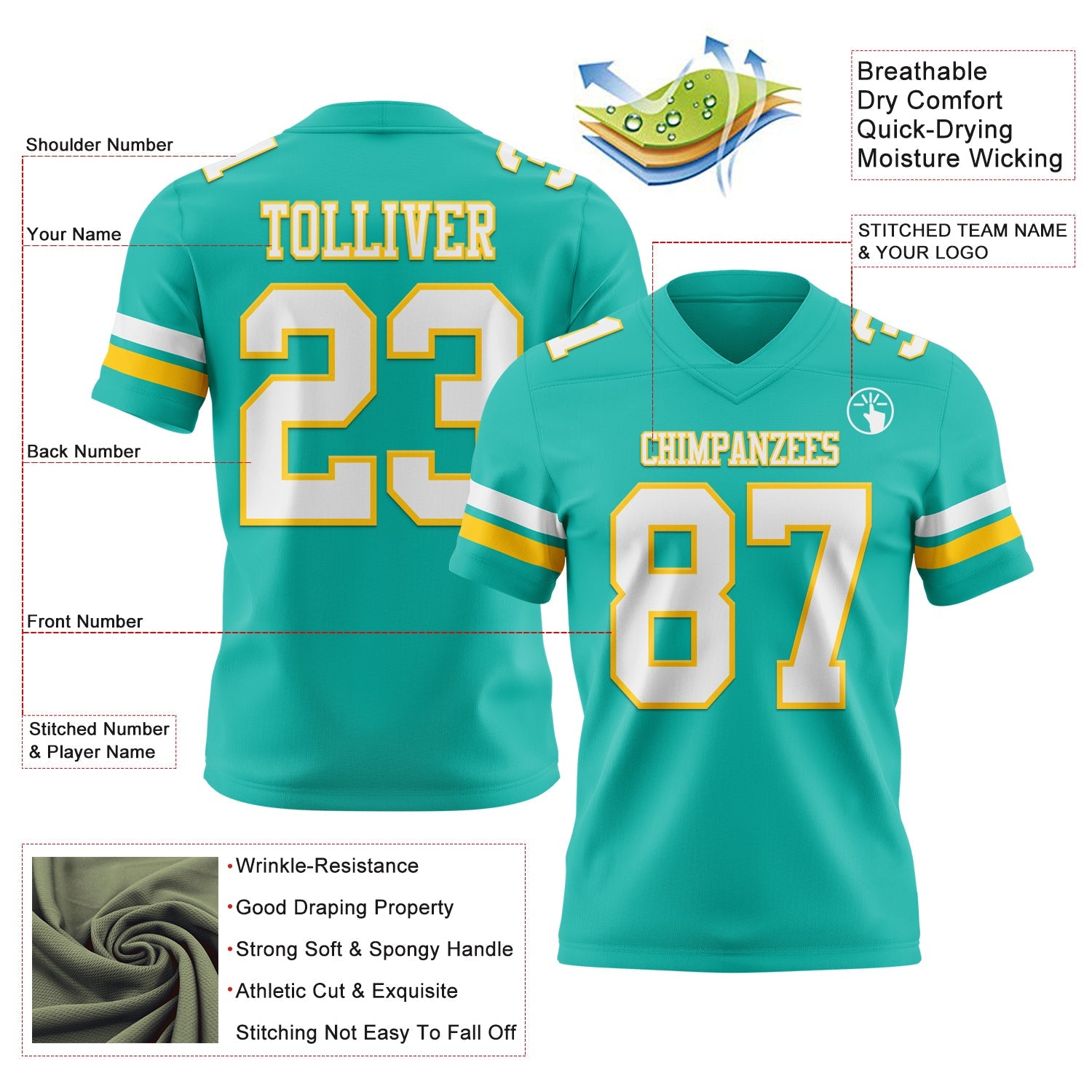 Custom Aqua White-Yellow Authentic Football Jersey