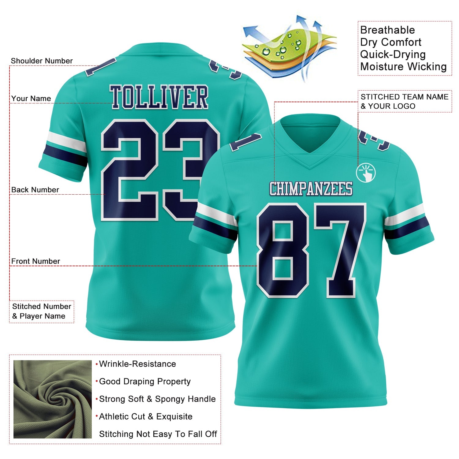 Custom Aqua Navy-White Authentic Football Jersey