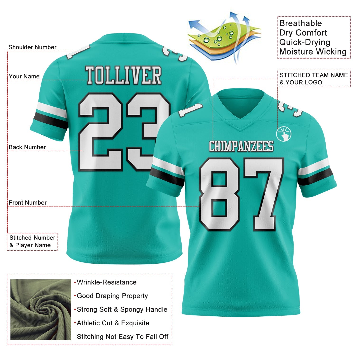 Custom Aqua White-Black Authentic Football Jersey