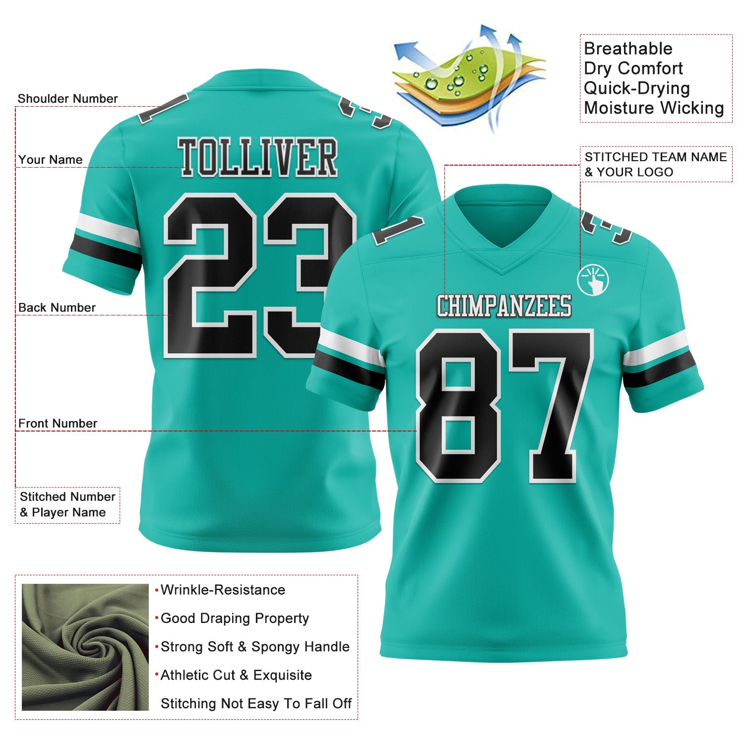 Custom Aqua Black-White Authentic Football Jersey
