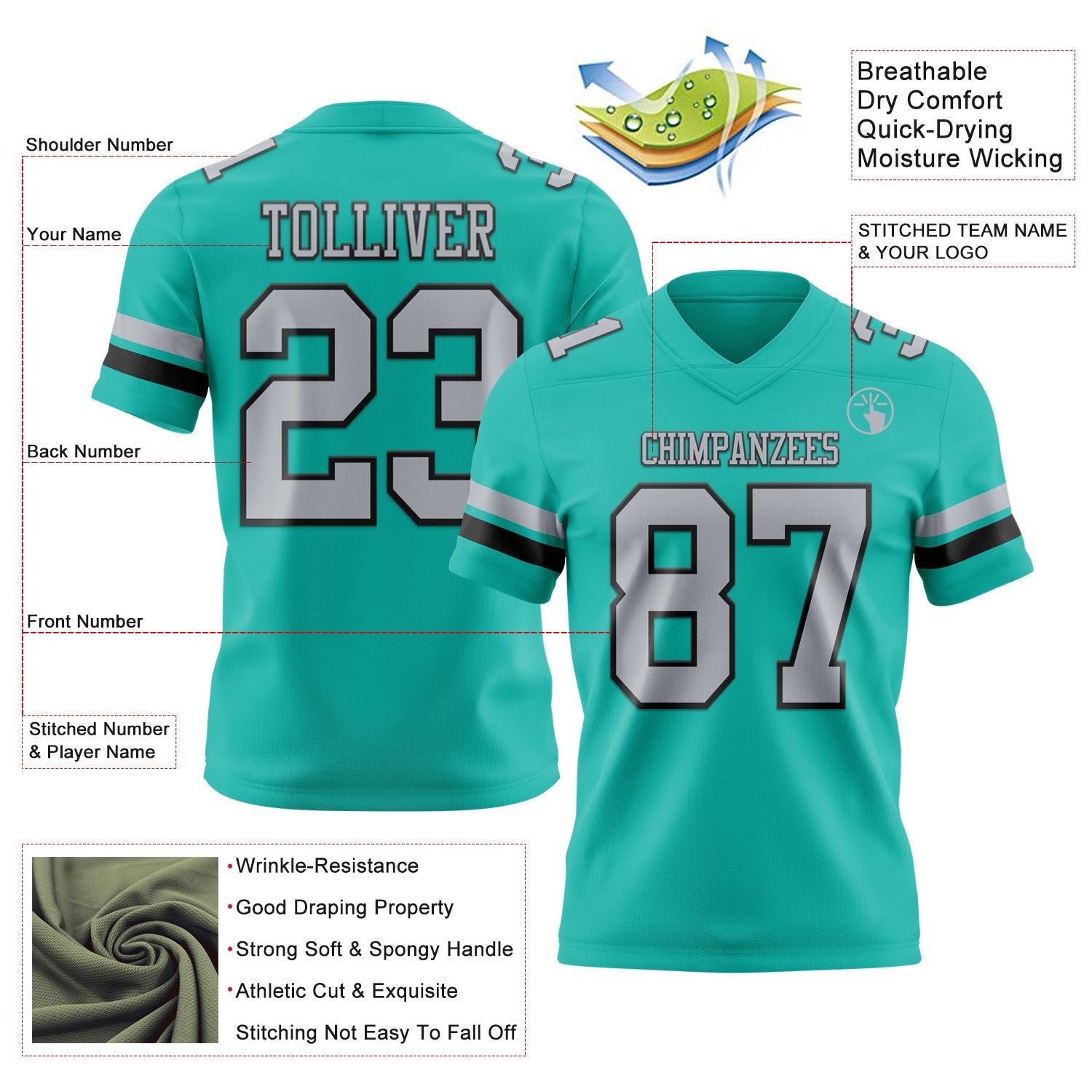Custom Aqua Gray-Black Authentic Football Jersey