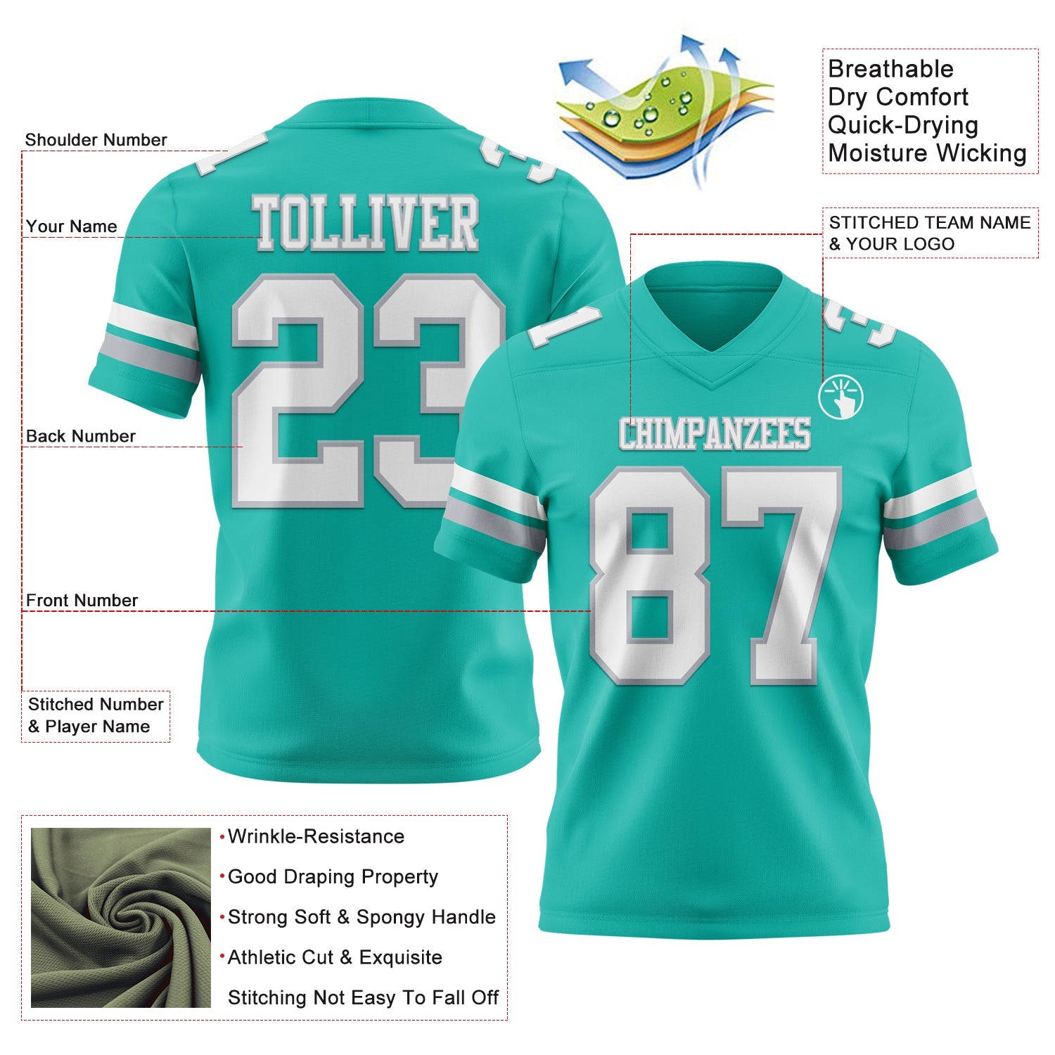 Custom Aqua White-Gray Authentic Football Jersey