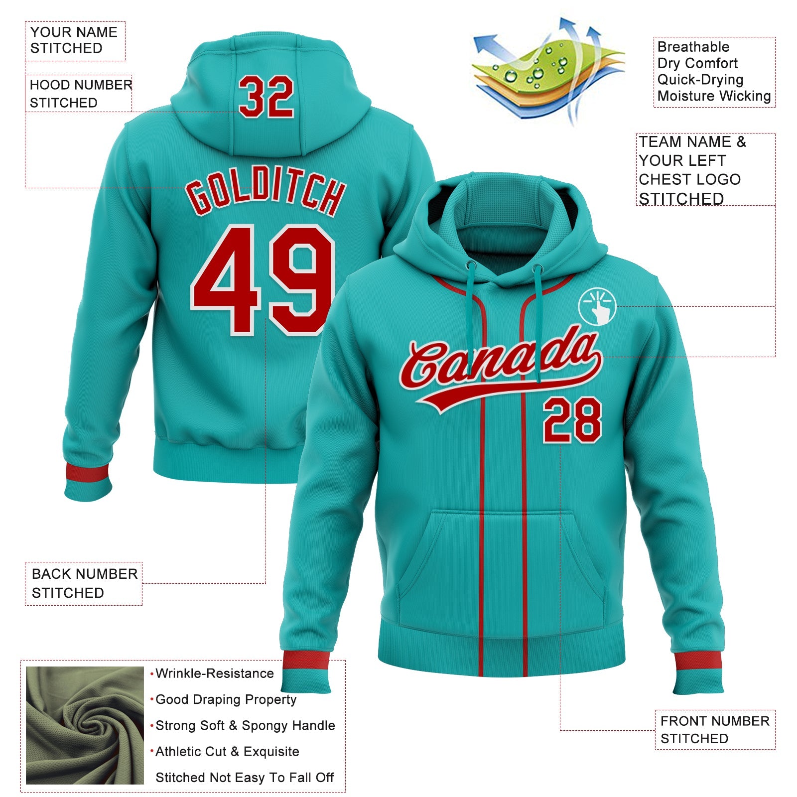 Custom Stitched Aqua Red-White Baseball Pullover Sweatshirt Hoodie