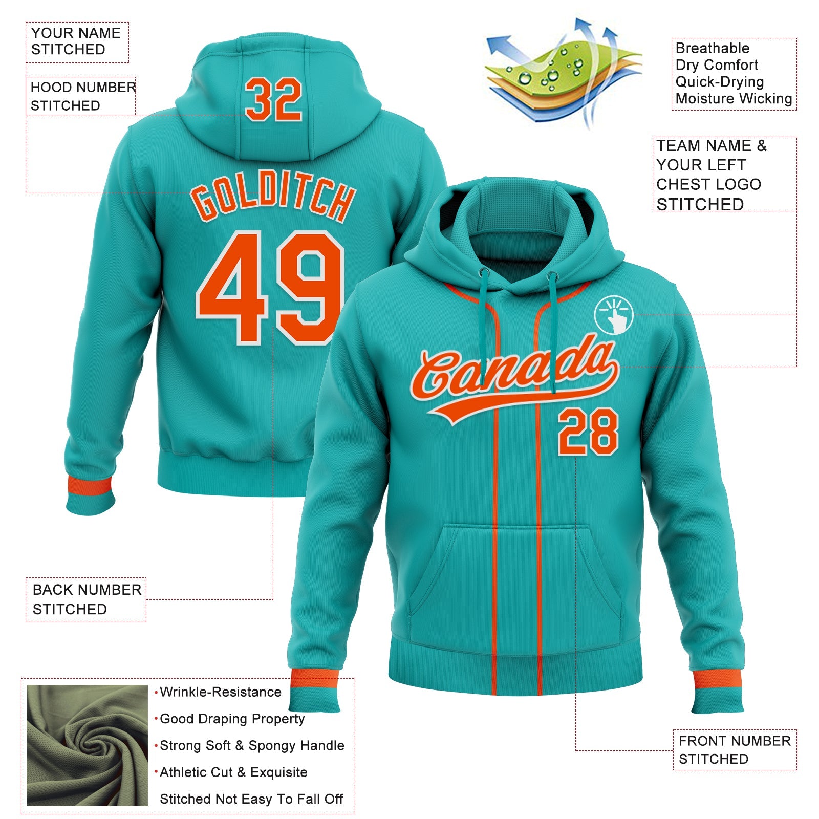 Custom Stitched Aqua Orange-White Baseball Pullover Sweatshirt Hoodie