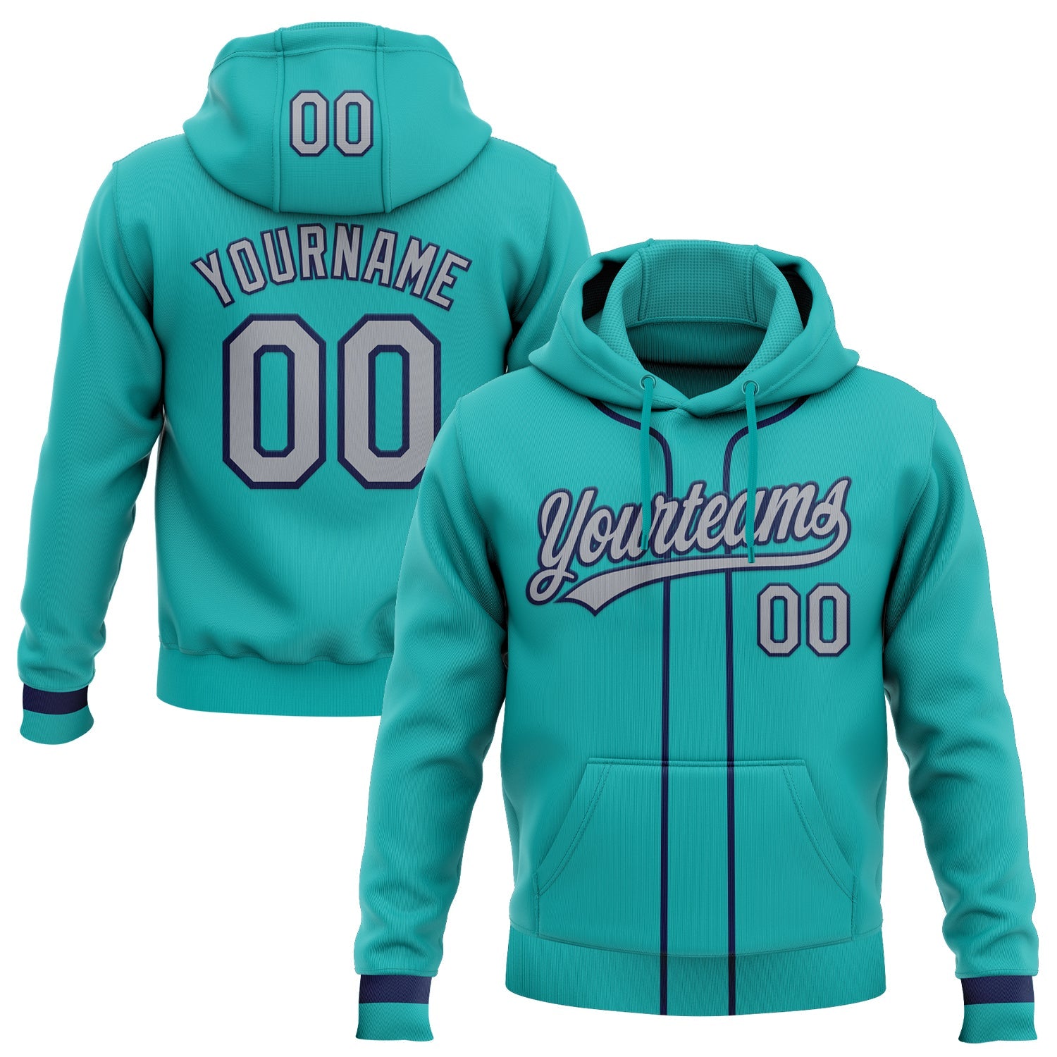 Custom Stitched Aqua Gray-Navy Baseball Pullover Sweatshirt Hoodie
