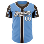 Custom Light Blue White-Brown 3 Colors Arm Shapes Authentic Baseball Jersey