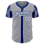 Custom Gray White-Royal 3 Colors Arm Shapes Authentic Baseball Jersey