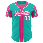Custom Aqua White-Pink 3 Colors Arm Shapes Authentic Baseball Jersey