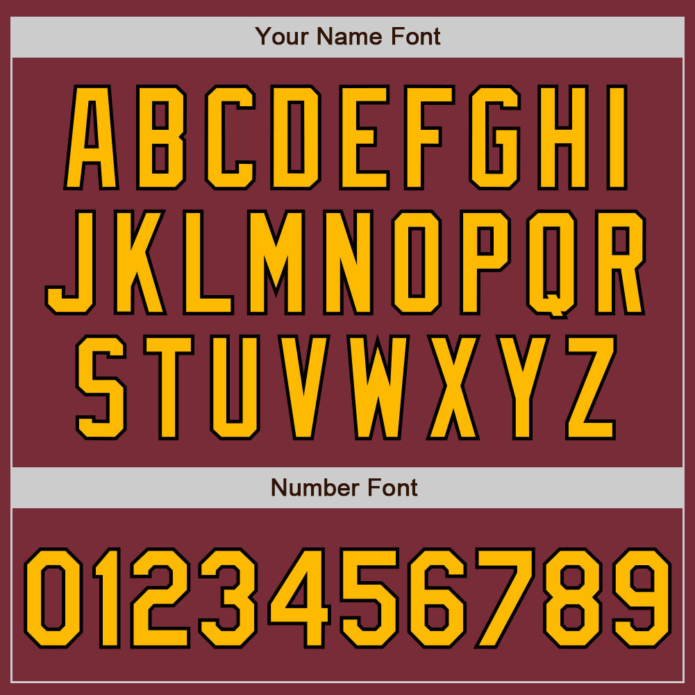 Custom Burgundy Gold-Black 3 Colors Arm Shapes Authentic Baseball Jersey