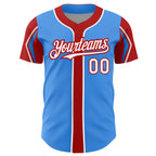 Custom Electric Blue Red-Navy 3 Colors Arm Shapes Authentic Baseball Jersey