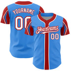 Custom Electric Blue Red-Navy 3 Colors Arm Shapes Authentic Baseball Jersey
