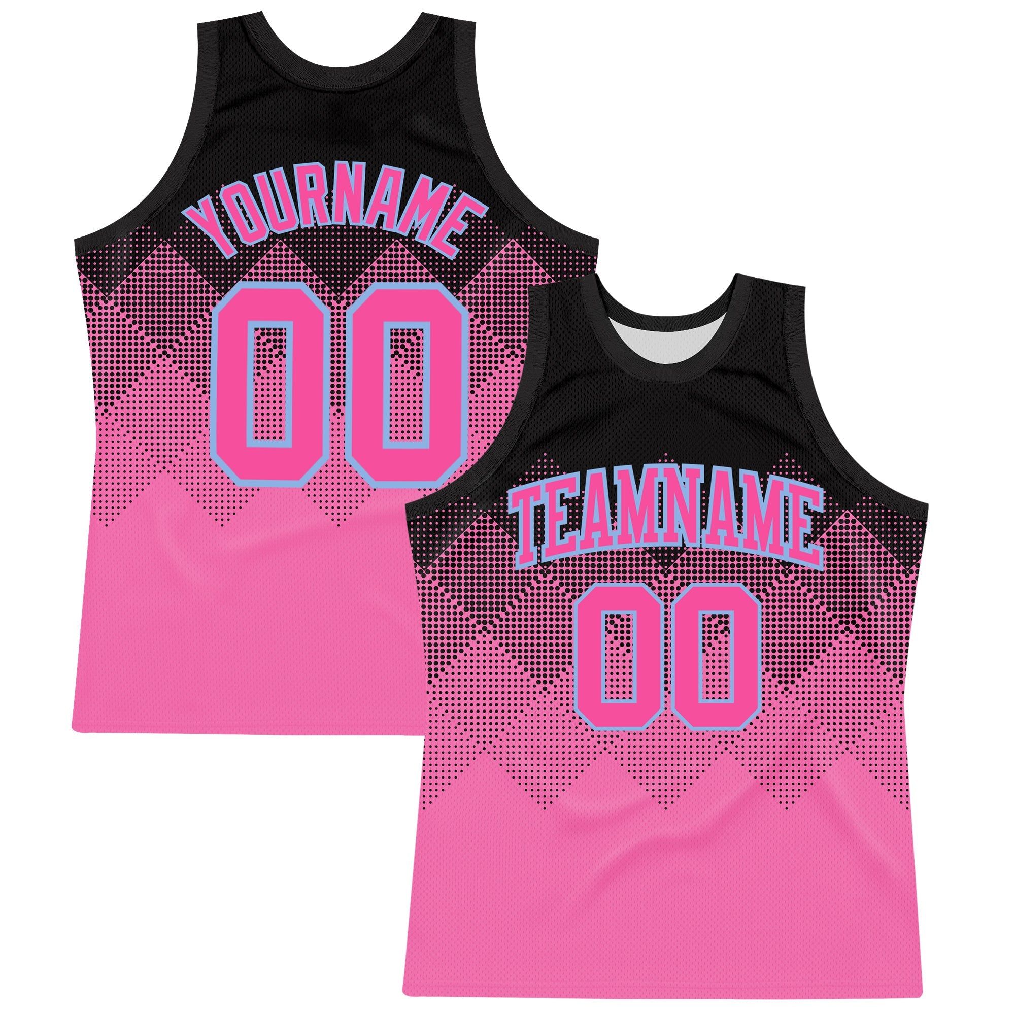 Custom Black Pink-Light Blue Gradient Square Shapes Round Neck Sublimation Basketball Suit Jersey
