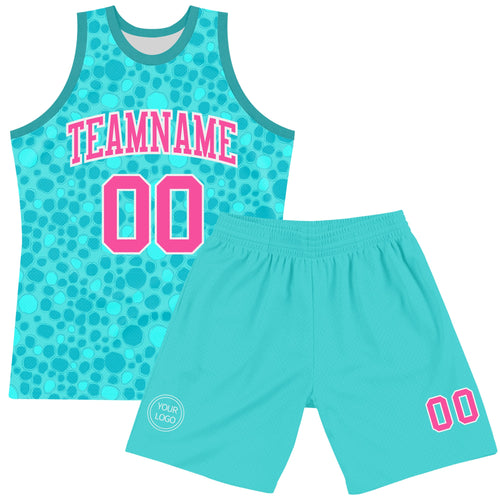 Custom Aqua Pink-White Leopard Print Round Neck Sublimation Basketball Suit Jersey