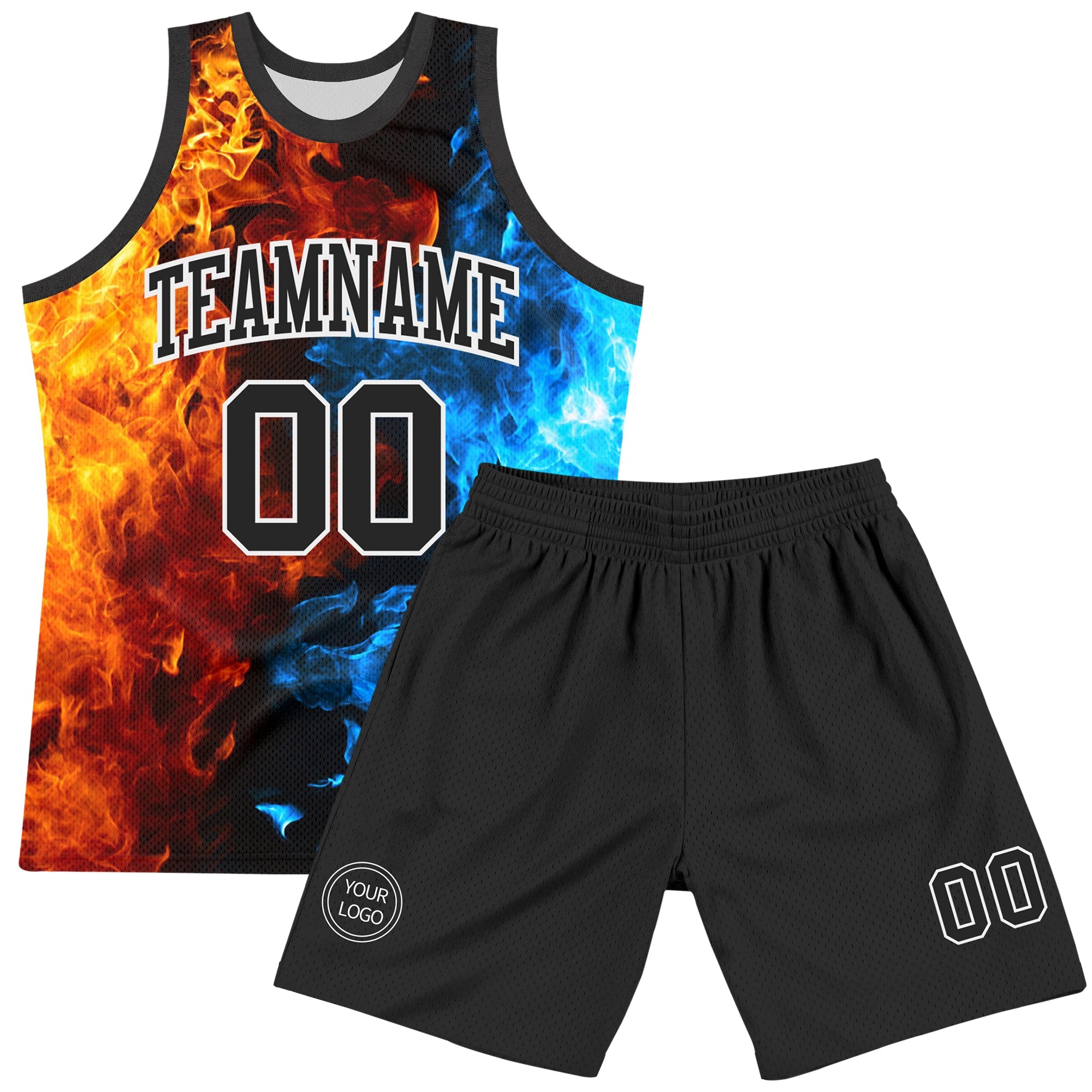 Custom Figure Black-White Flame Round Neck Sublimation Basketball Suit Jersey