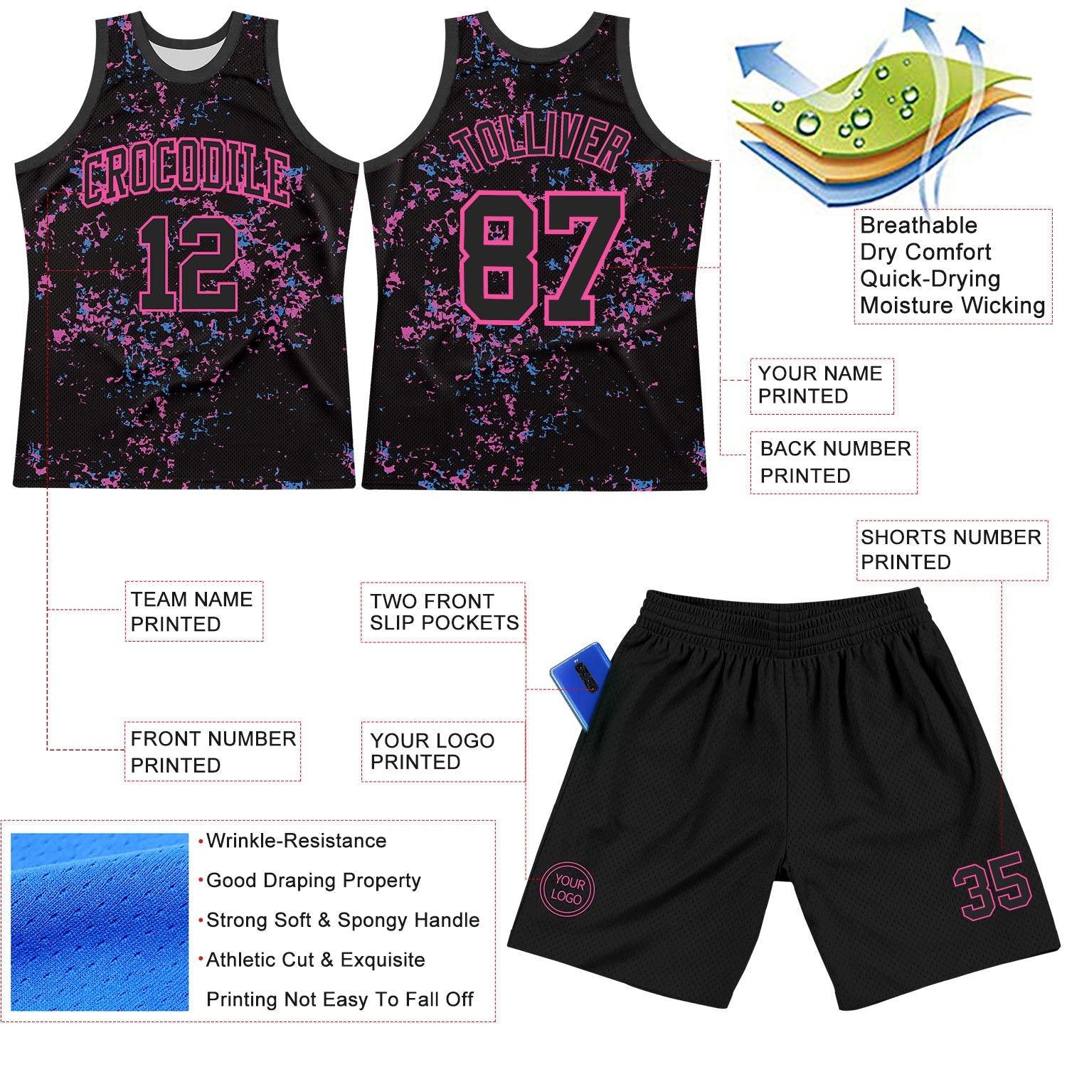 Custom Black Pink Fragment Art Round Neck Sublimation Basketball Suit Jersey