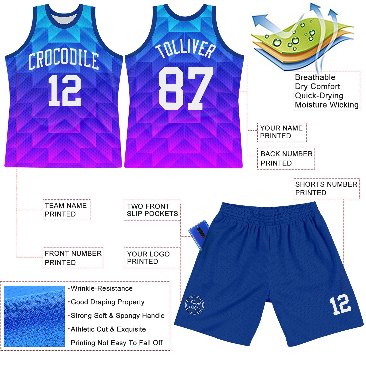 Custom Royal White-Hot Pink Gradient Geometric Shape Round Neck Sublimation Basketball Suit Jersey