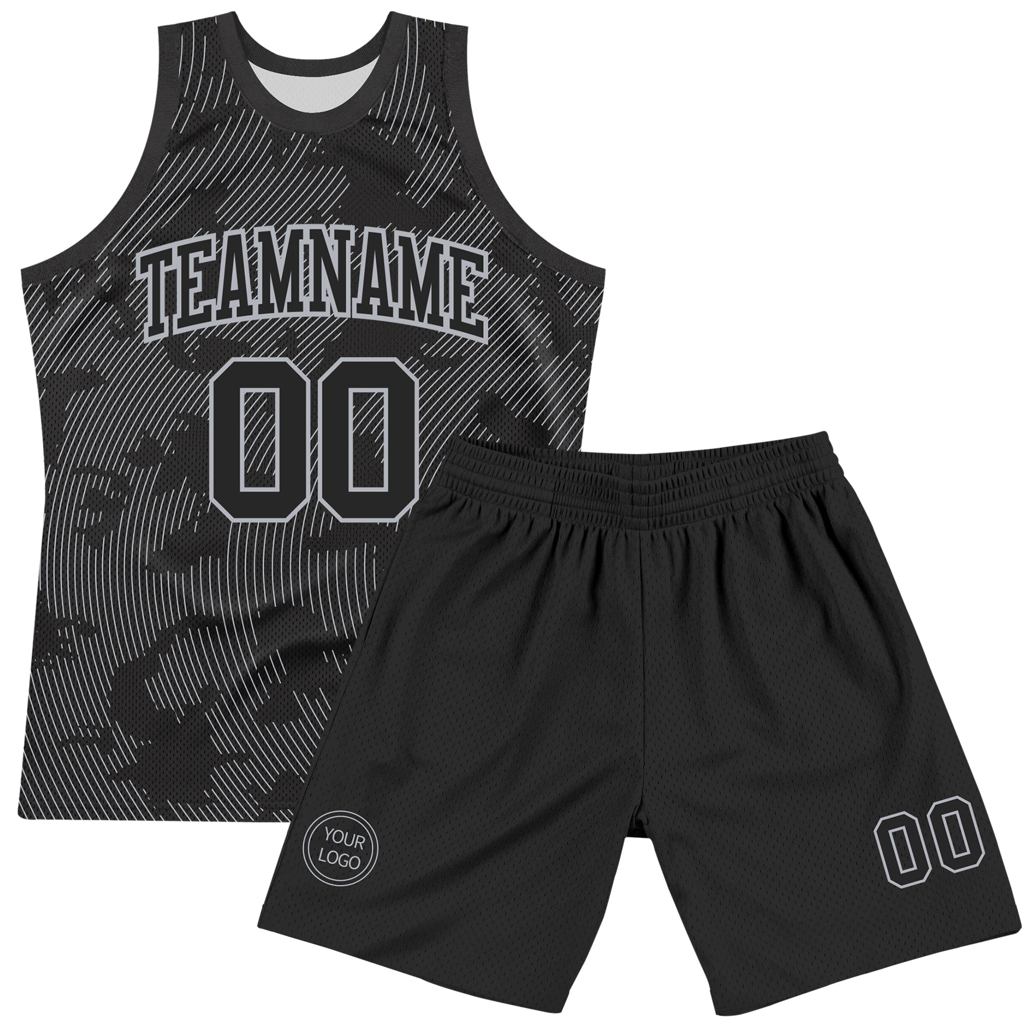 Custom Black Gray Curve Lines Round Neck Sublimation Basketball Suit Jersey