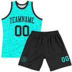 Custom Aqua Black Fragment Art Round Neck Sublimation Basketball Suit Jersey