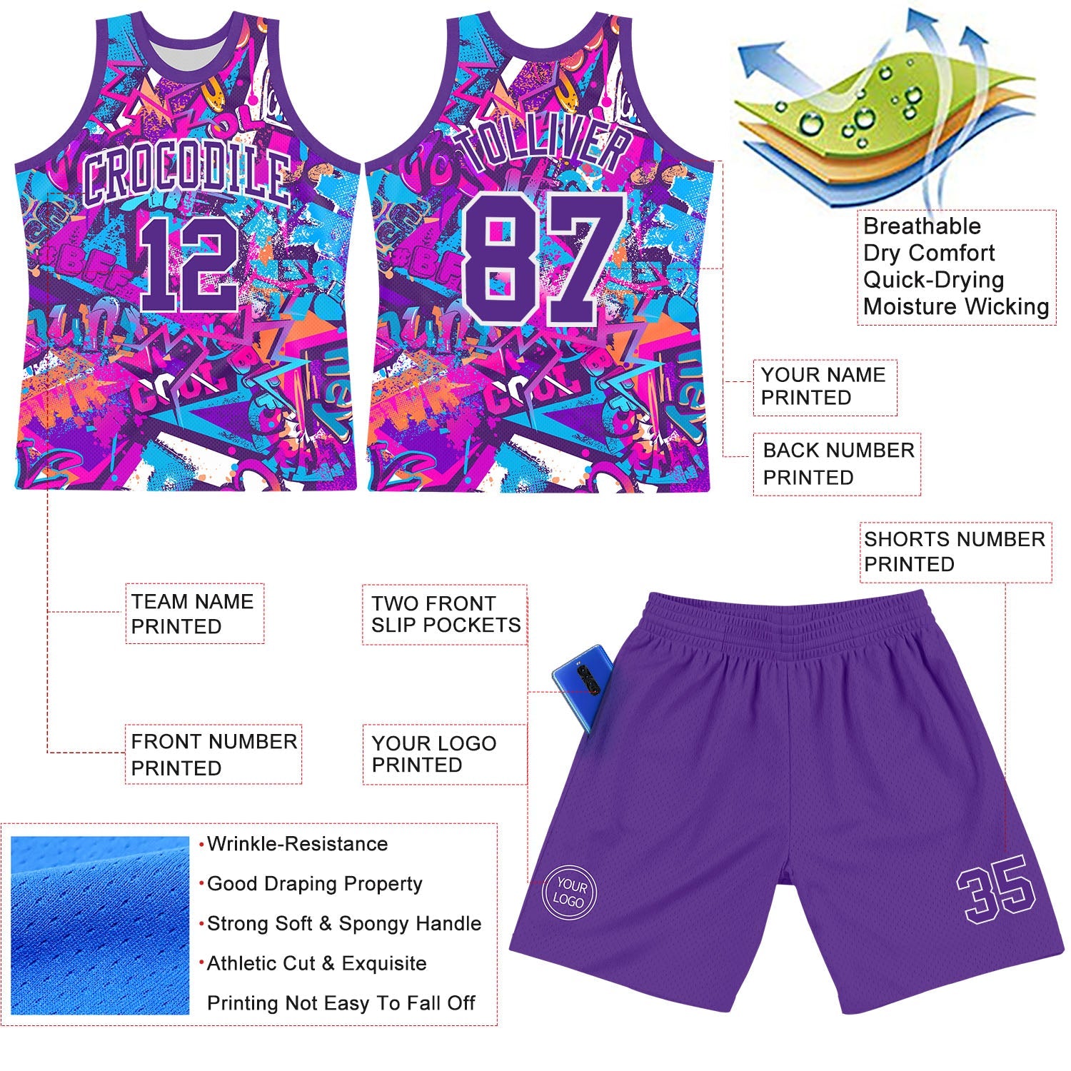 Custom Graffiti Pattern Purple-White Splash Round Neck Sublimation Basketball Suit Jersey