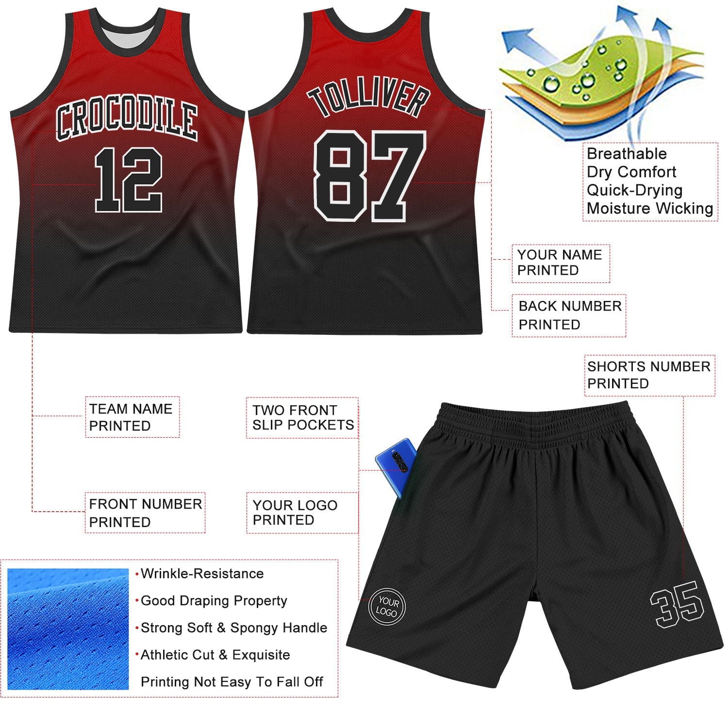 Custom Red Black-White Fade Fashion Round Neck Sublimation Basketball Suit Jersey