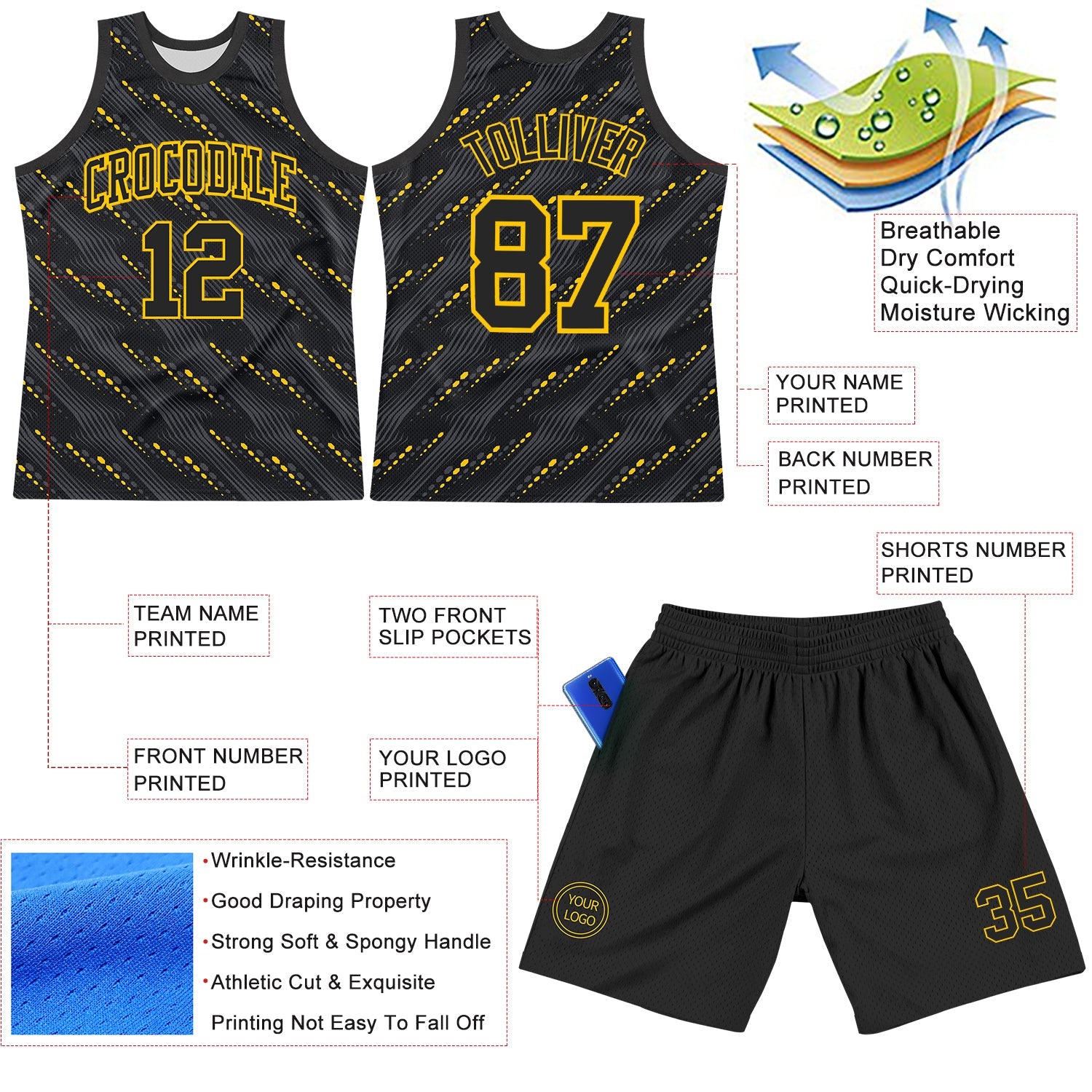 Custom Black Yellow Slant Lines Round Neck Sublimation Basketball Suit Jersey