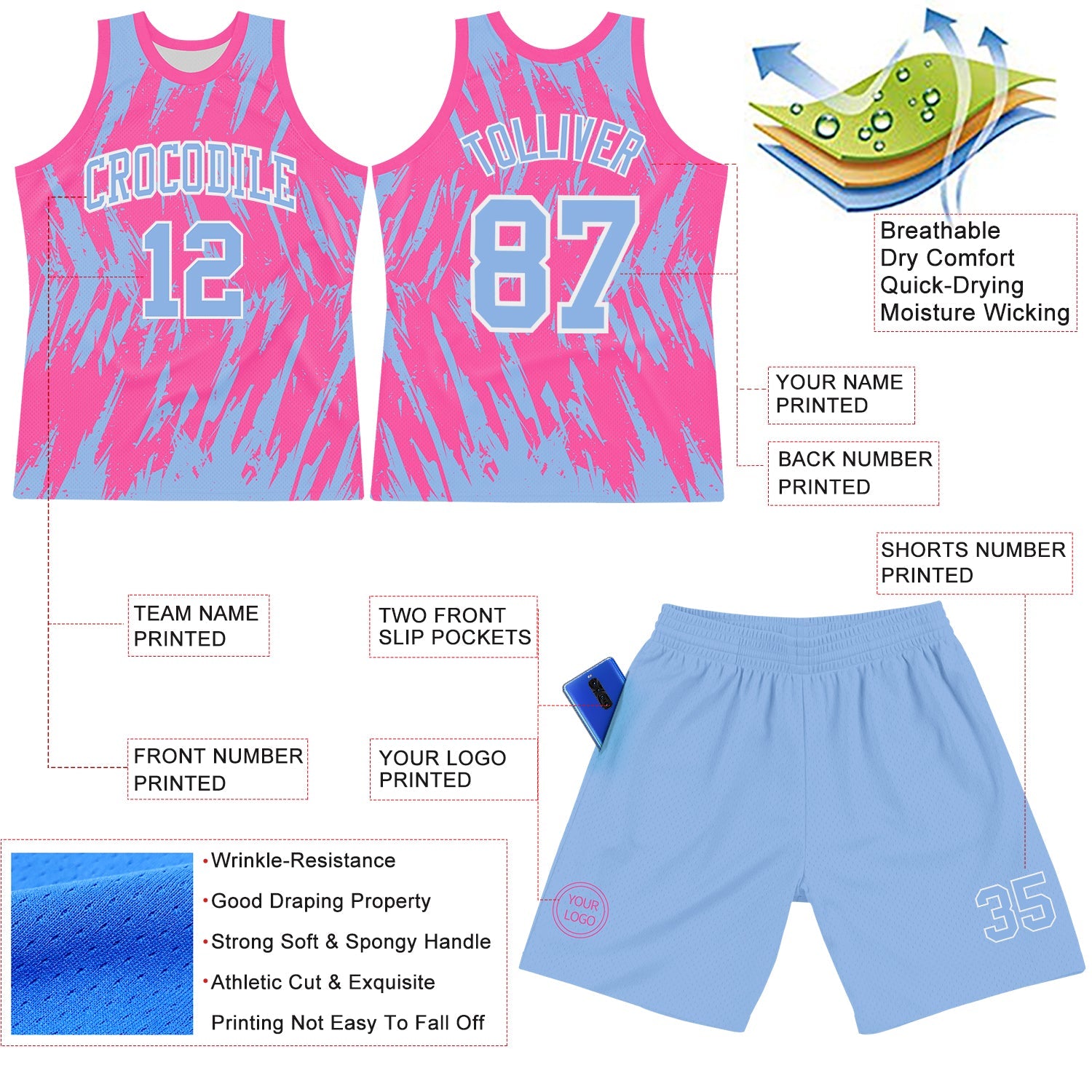 Custom Pink Light Blue-White Abstract Sharp Shape Fragment Art Round Neck Sublimation Basketball Suit Jersey