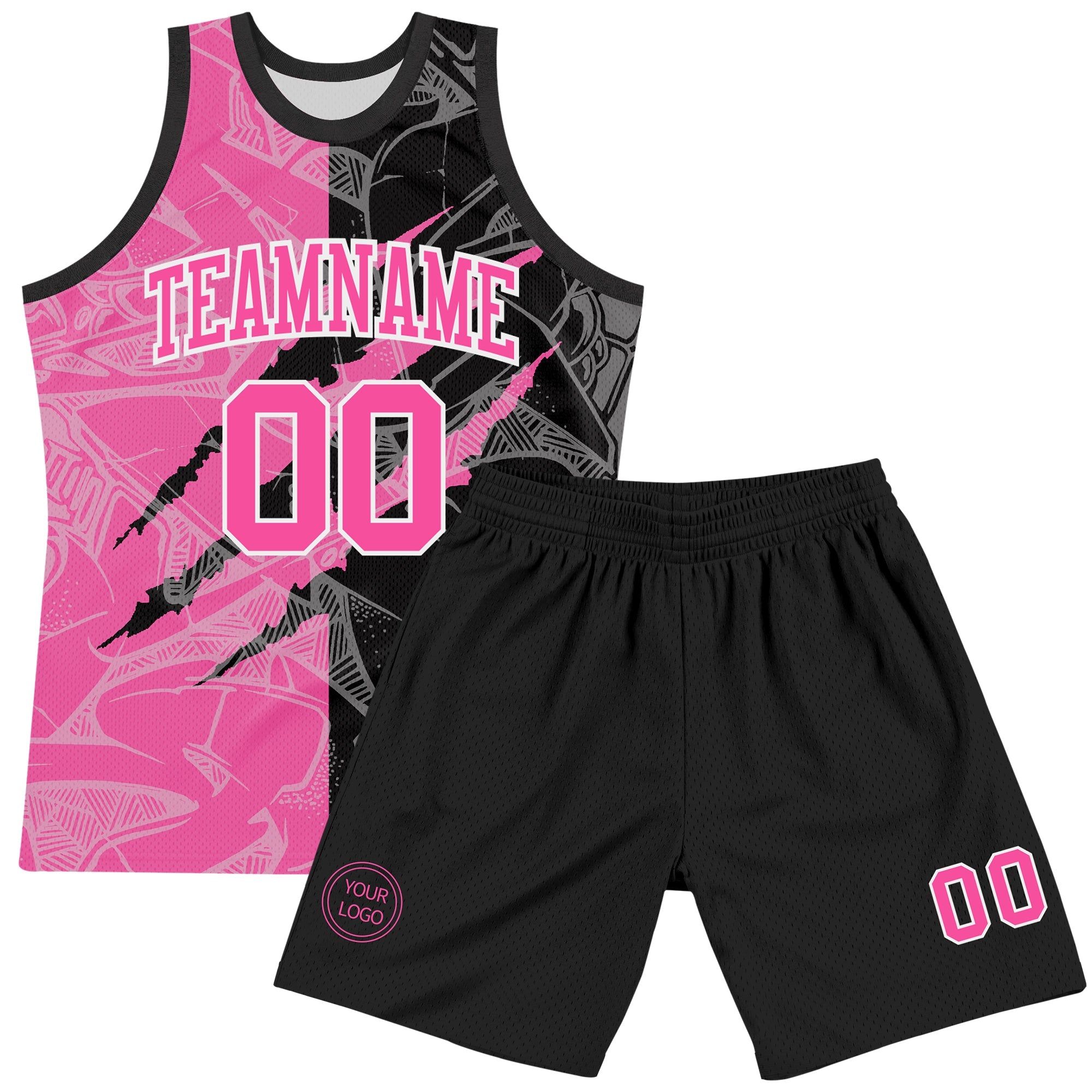 Custom Graffiti Pattern Pink Black-White Scratch Round Neck Sublimation Basketball Suit Jersey
