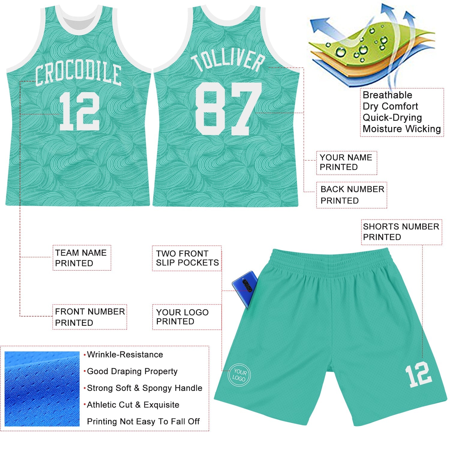 Custom Aqua White Fluid Art Round Neck Sublimation Basketball Suit Jersey