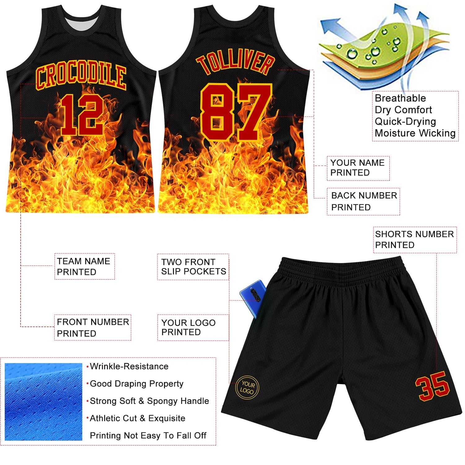 Custom Black Red-Yellow Flame Round Neck Sublimation Basketball Suit Jersey