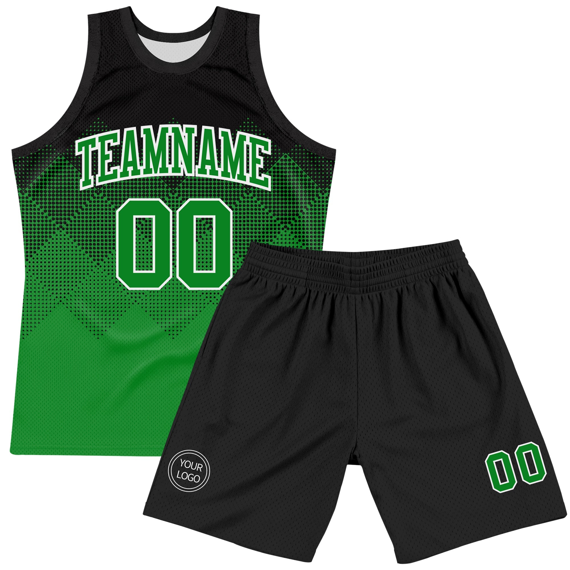 Custom Black Grass Green-White Gradient Square Shapes Round Neck Sublimation Basketball Suit Jersey