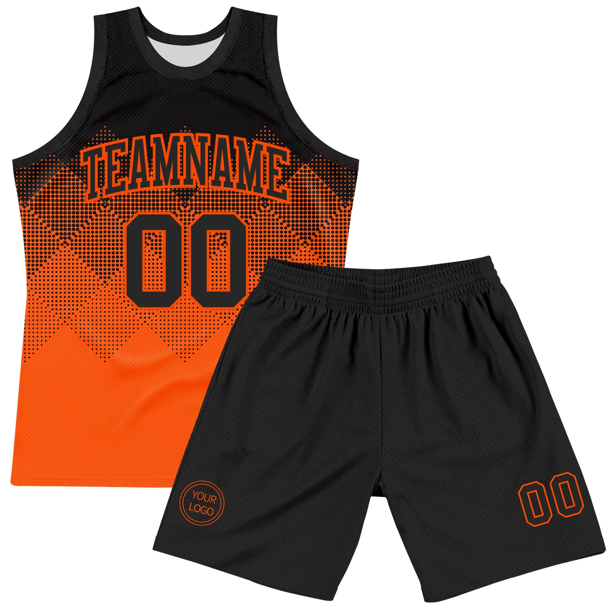 Custom Black Orange Gradient Square Shapes Round Neck Sublimation Basketball Suit Jersey