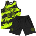 Custom Black Neon Green Splash Round Neck Sublimation Basketball Suit Jersey