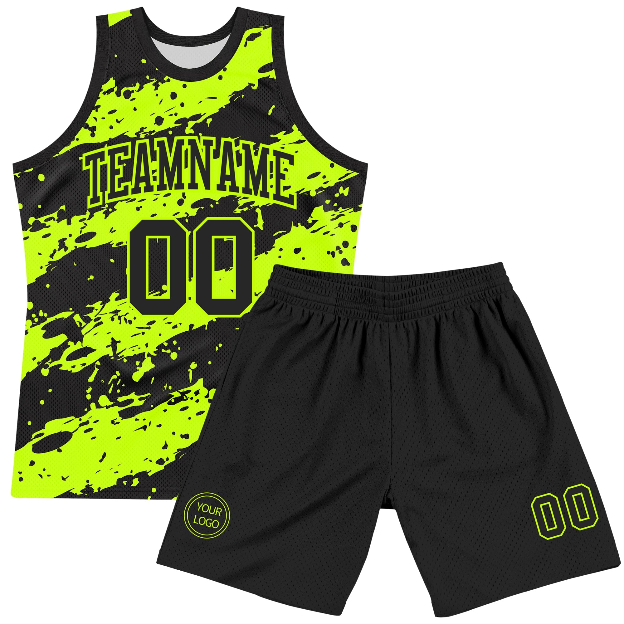Custom Black Neon Green Splash Round Neck Sublimation Basketball Suit Jersey
