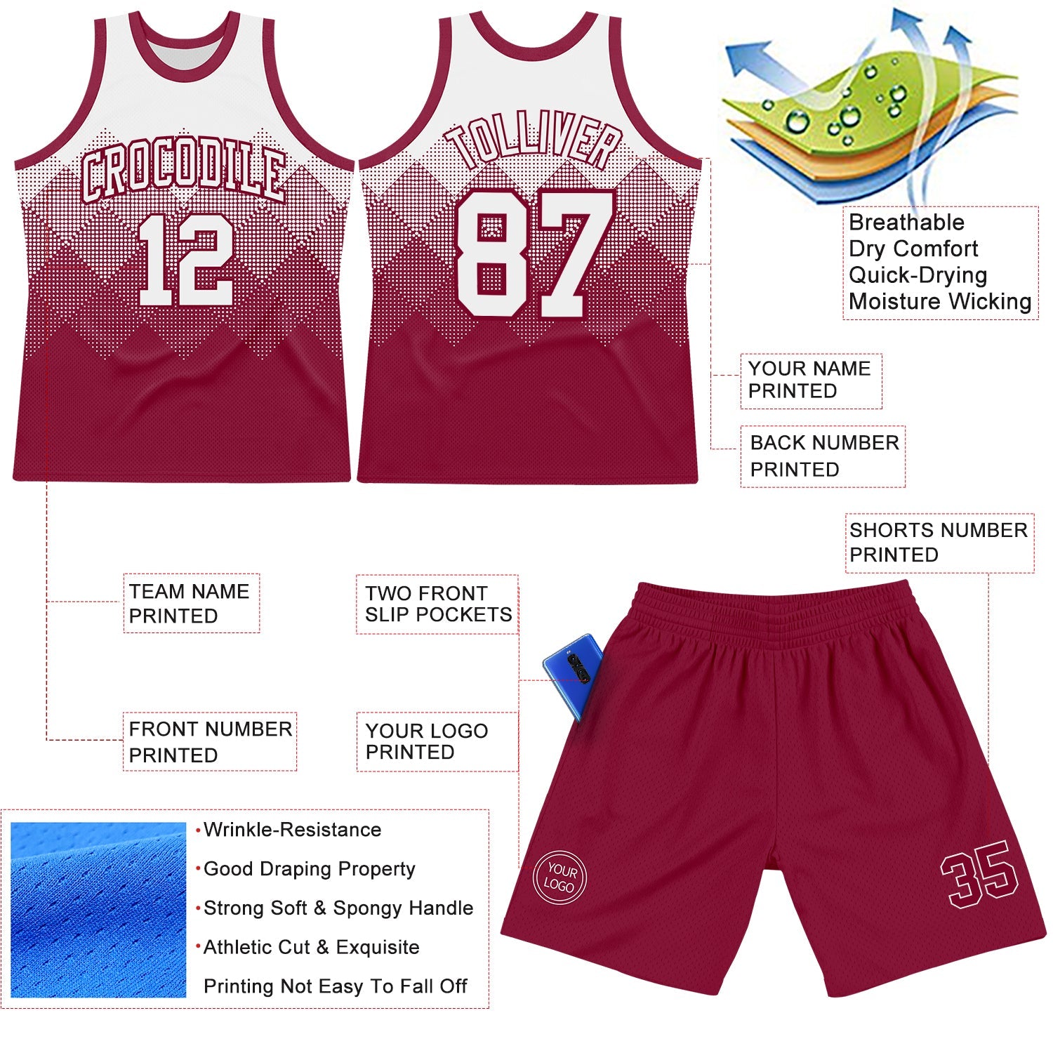 Custom White Maroon Gradient Square Shapes Round Neck Sublimation Basketball Suit Jersey