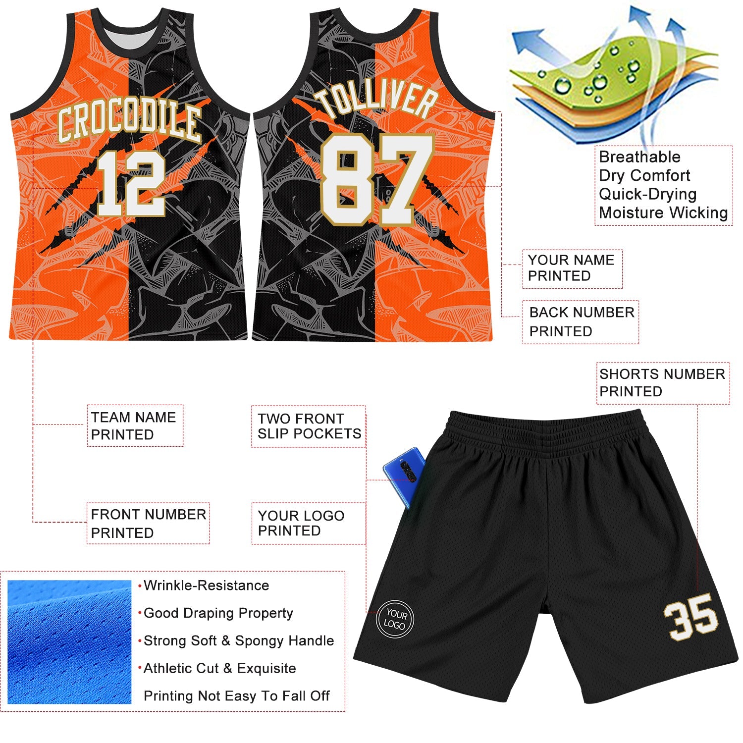 Custom Graffiti Pattern White Black Orange-Old Gold Scratch Round Neck Sublimation Basketball Suit Jersey