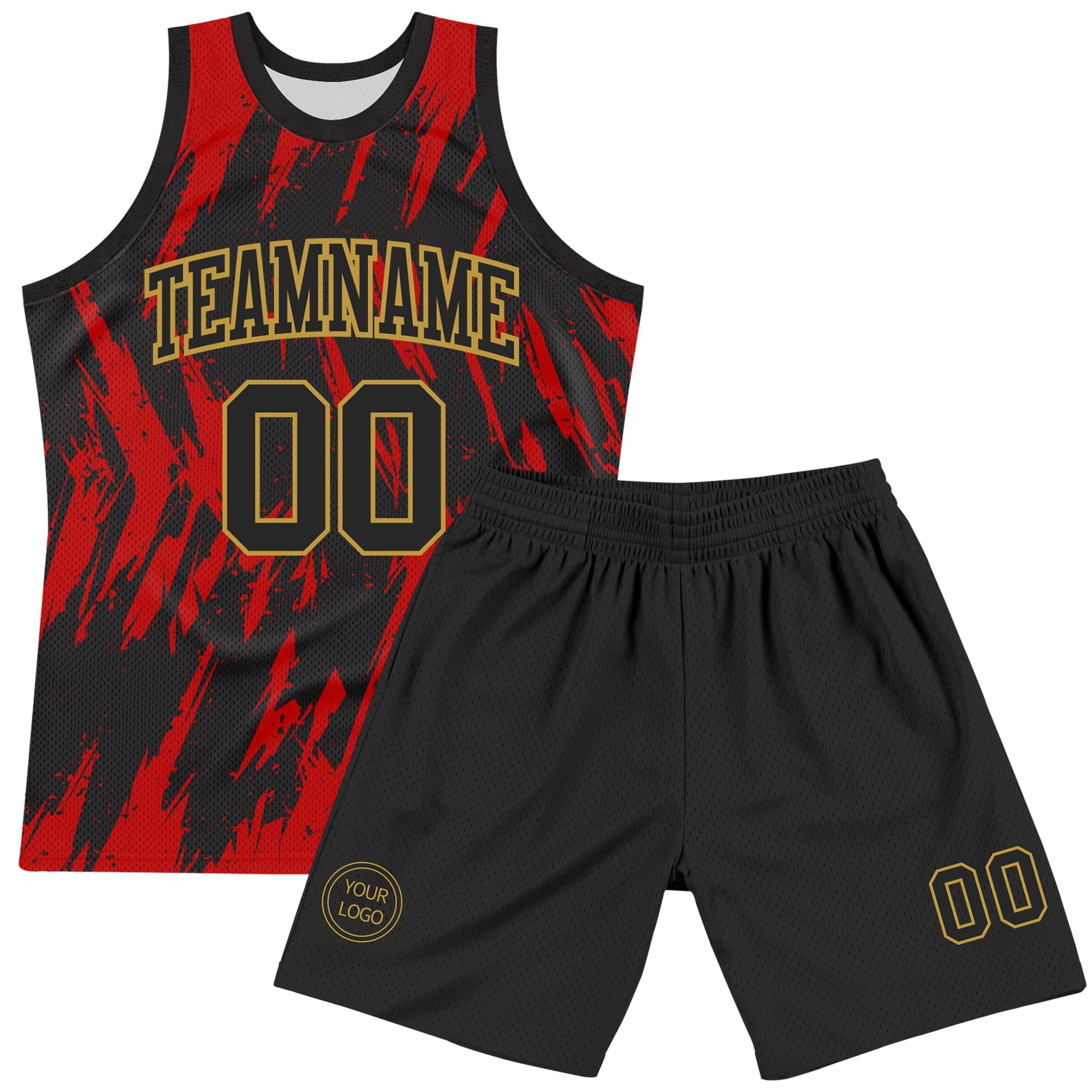 Custom Black Red-Old Gold Splash Round Neck Sublimation Basketball Suit Jersey