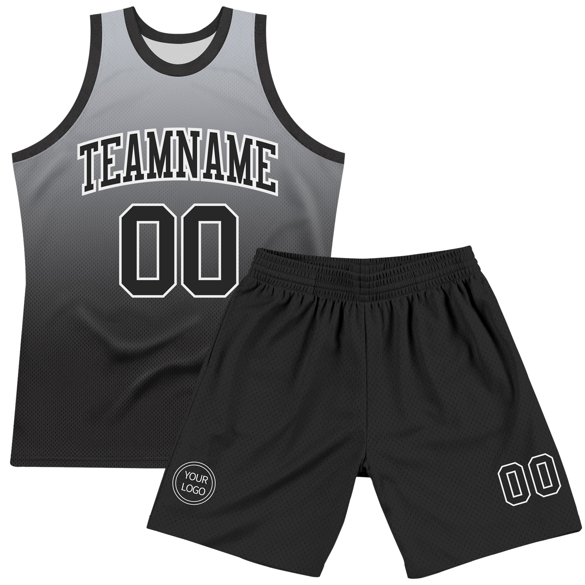 Custom Gray Black-White Fade Fashion Round Neck Sublimation Basketball Suit Jersey