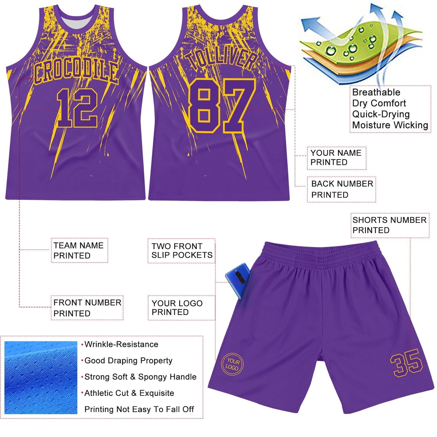 Custom Purple Yellow Splash Round Neck Sublimation Basketball Suit Jersey