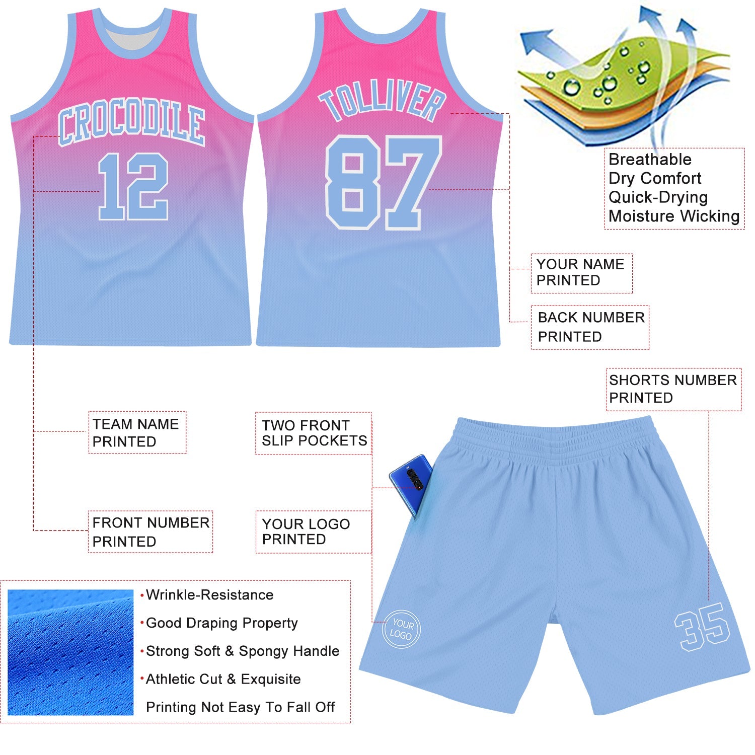 Custom Pink Light Blue-White Fade Fashion Round Neck Sublimation Basketball Suit Jersey