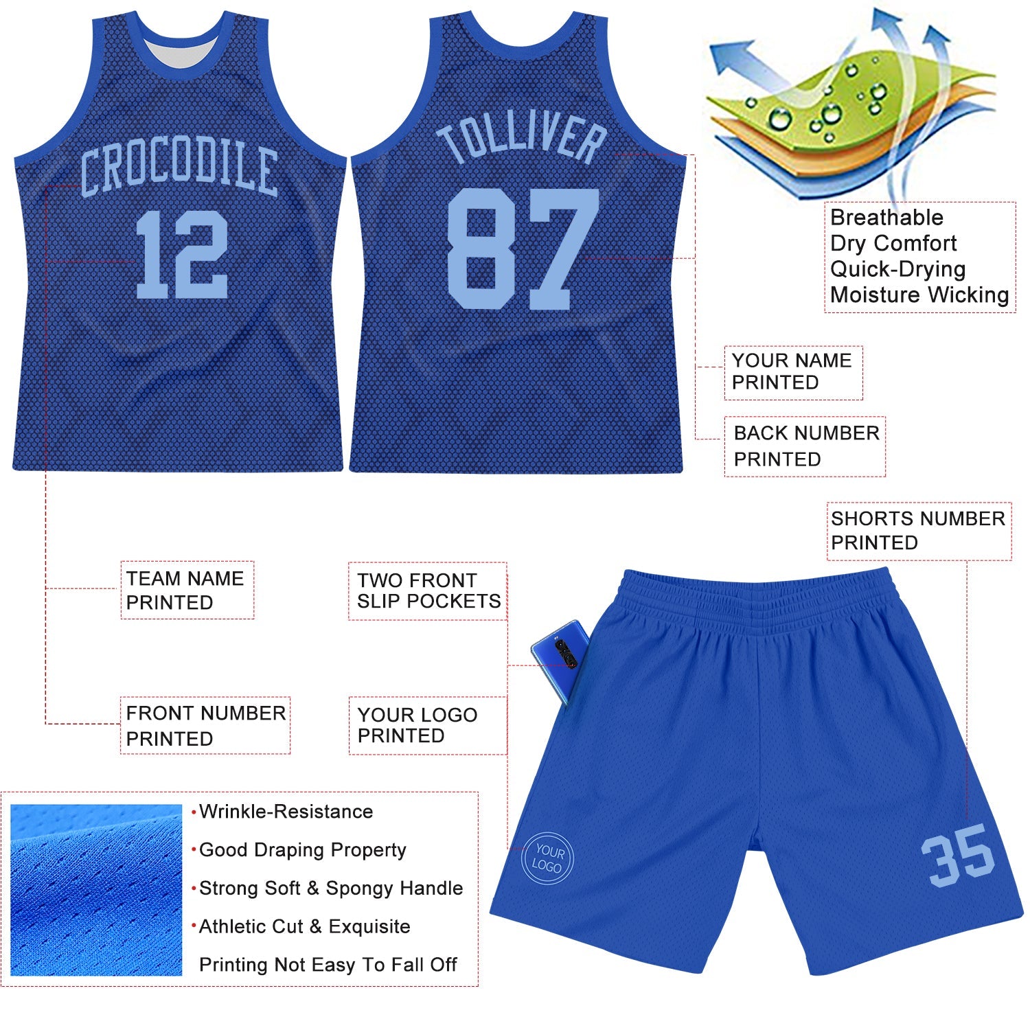 Custom Royal Light Blue Dot Round Neck Sublimation Basketball Suit Jersey