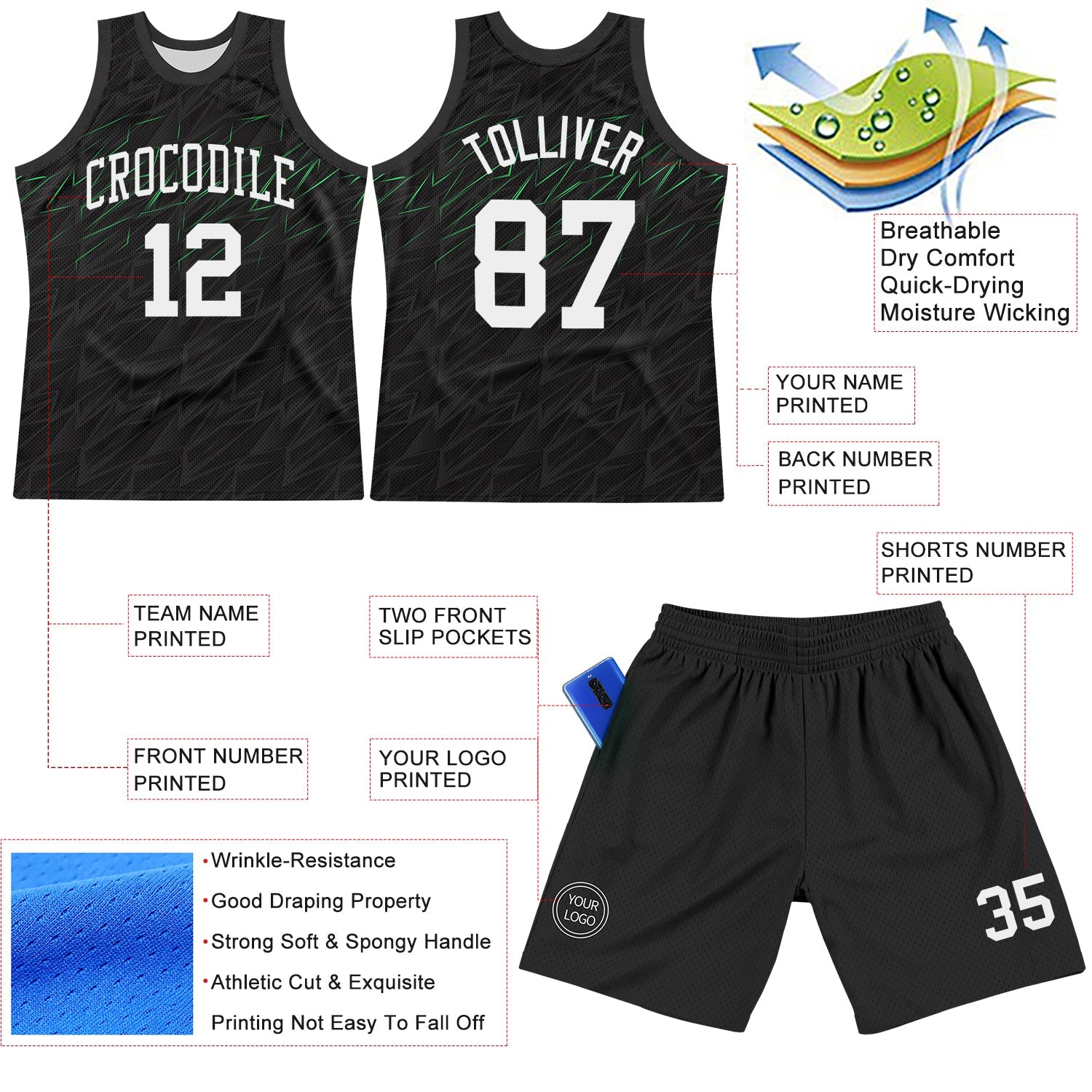 Custom Black White-Neon Green Line Round Neck Sublimation Basketball Suit Jersey